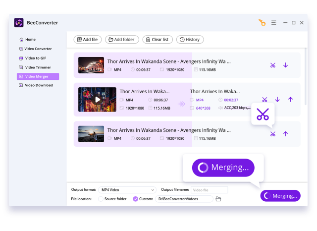 Video Merger в BeeConverter во время объединения нескольких роликов