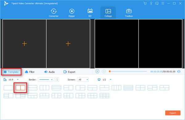 Раздел Collage в Tipard Video Converter Ultimate с выбором шаблона сетки