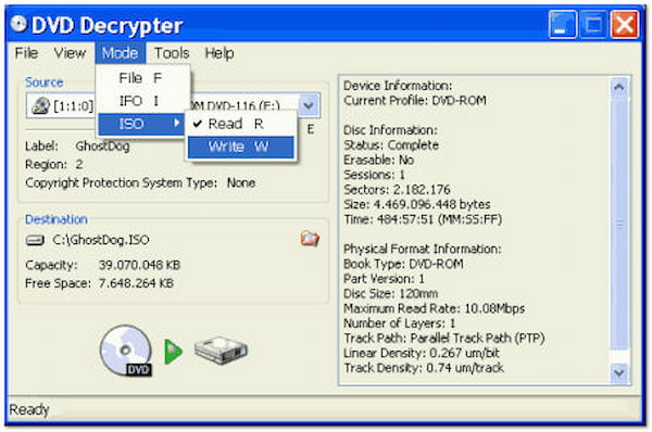 Меню Mode в DVD Decrypter с пунктами File, IFO, ISO Read и ISO Write