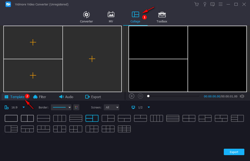 Вкладка Collage в Vidmore Video Converter с выбором сетки для видеоколлажа