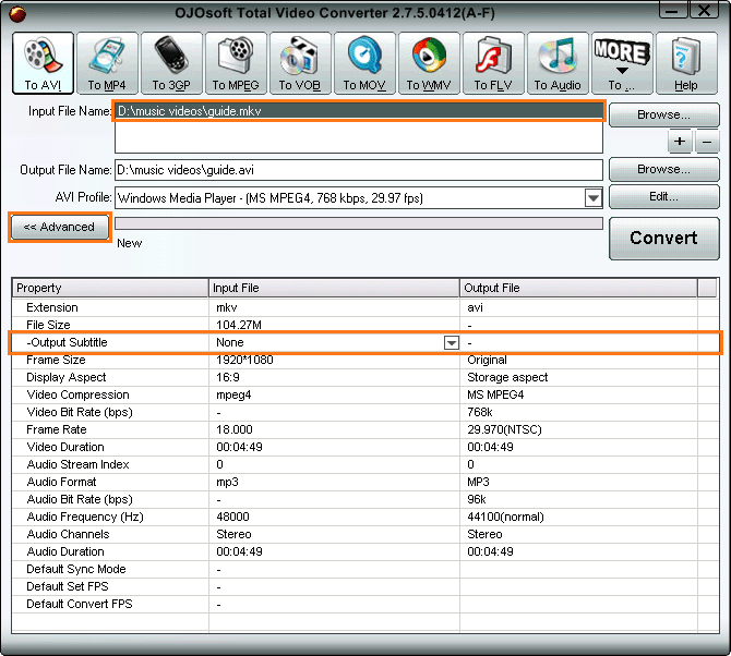 Выбор встроенной дорожки субтитров MKV в OJOsoft Total Video Converter