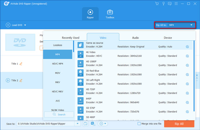 Список форматов AVAide DVD Ripper с вкладками Video, Audio и Device