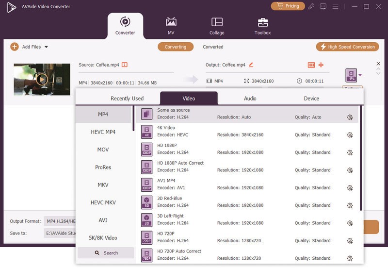 Панель выбора выходного формата в AVAide Video Converter с MP4, HEVC, MOV, ProRes, MKV и профилями разрешения