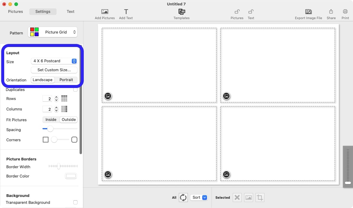 Панель выбора размера коллажа TurboCollage на macOS