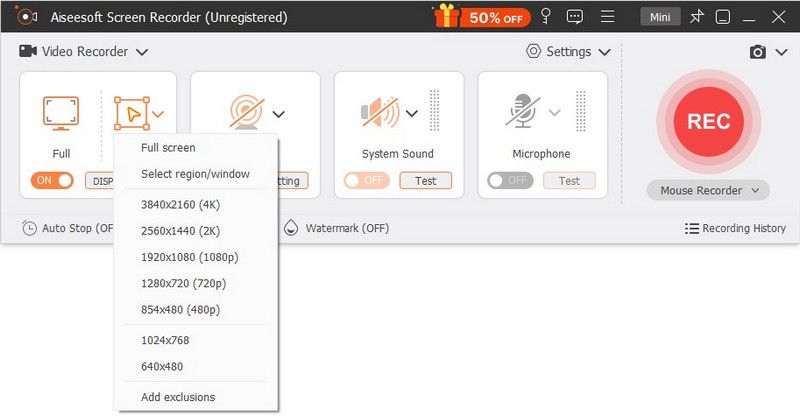 Выбор области записи и готовых разрешений в Aiseesoft Screen Recorder