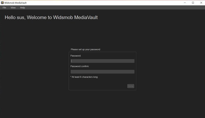 Окно первого запуска WidsMob MediaVault с полями создания и подтверждения пароля