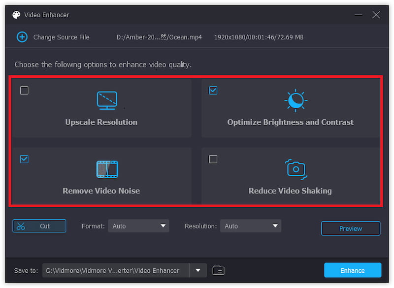 Окно Video Enhancer в Vidmore Video Converter с четырьмя вариантами улучшения