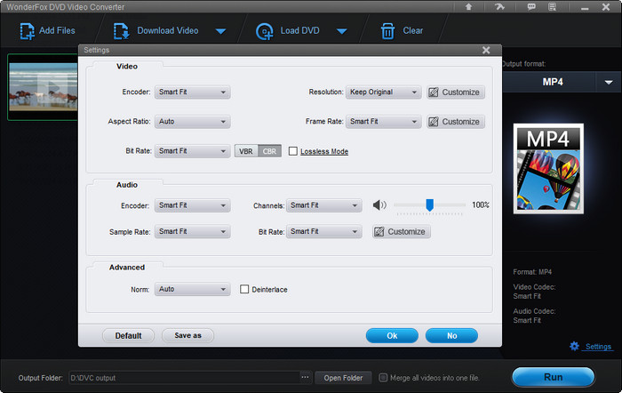 Окно Settings WonderFox DVD Video Converter с видео- и аудиопараметрами