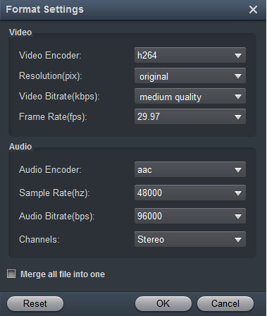 Окно Format Settings в Acrok MXF Converter с параметрами видео и аудио