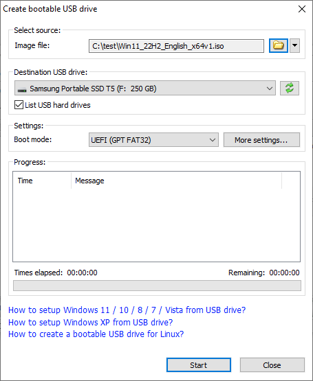 Диалог Create bootable USB drive в PowerISO с ISO Windows 11, внешним SSD и режимом UEFI GPT FAT32