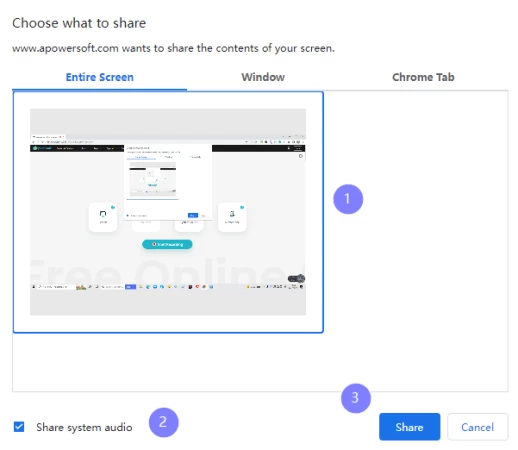 Системный диалог Share system audio при записи экрана через Apowersoft