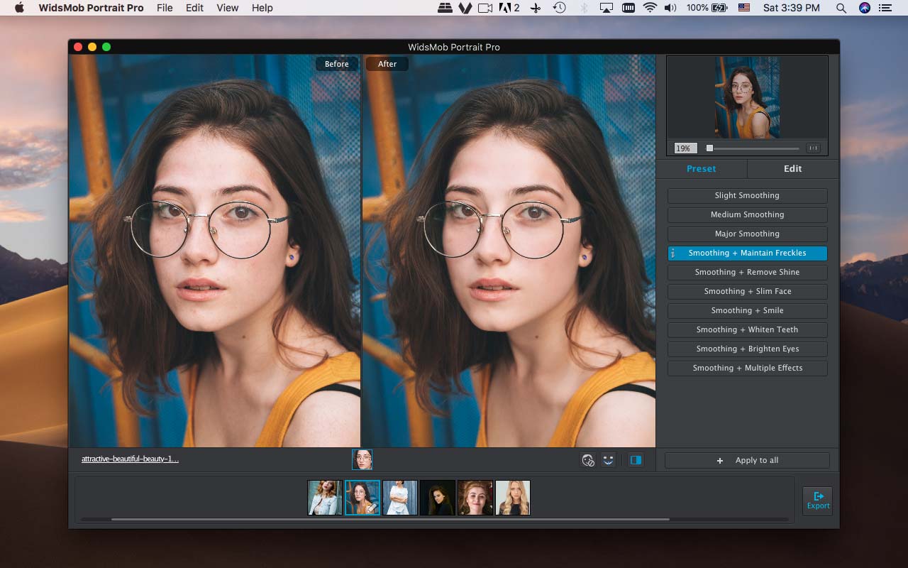 Интерфейс WidsMob Portrait Pro с вкладкой Preset и сравнением Before и After