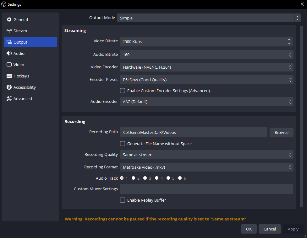 Настройки Output OBS Studio в режиме Simple с параметрами стриминга и записи