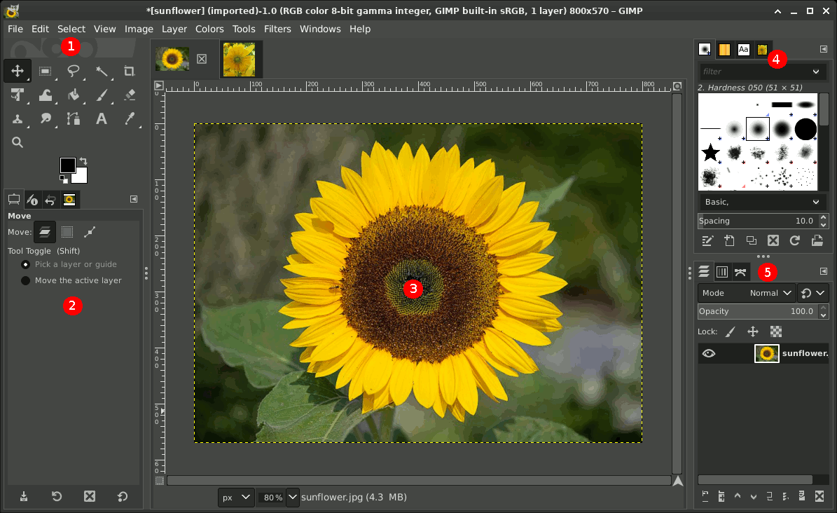 Однооконный интерфейс GIMP с панелью инструментов, холстом и слоями