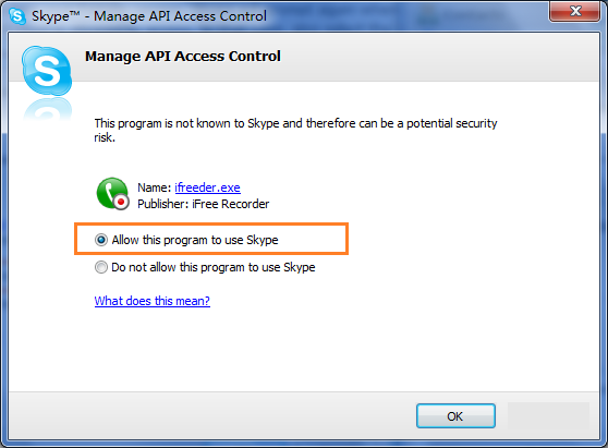 Старое окно Skype с выбором Allow this program to use Skype для ifreeder.exe