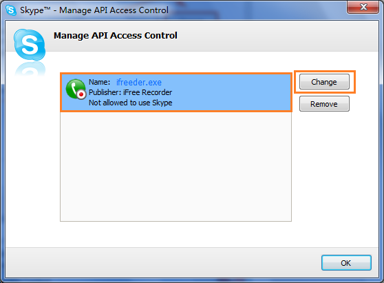 Старое окно Skype Manage API Access Control с записью ifreeder.exe от iFree Recorder