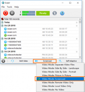 Главное окно Evaer Video Recorder for Skype с журналом записей и выбранным режимом Screencast