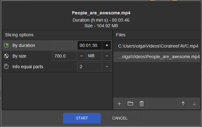 Окно Slicing в SolveigMM Video Splitter с режимами разбиения по длительности, размеру и числу частей