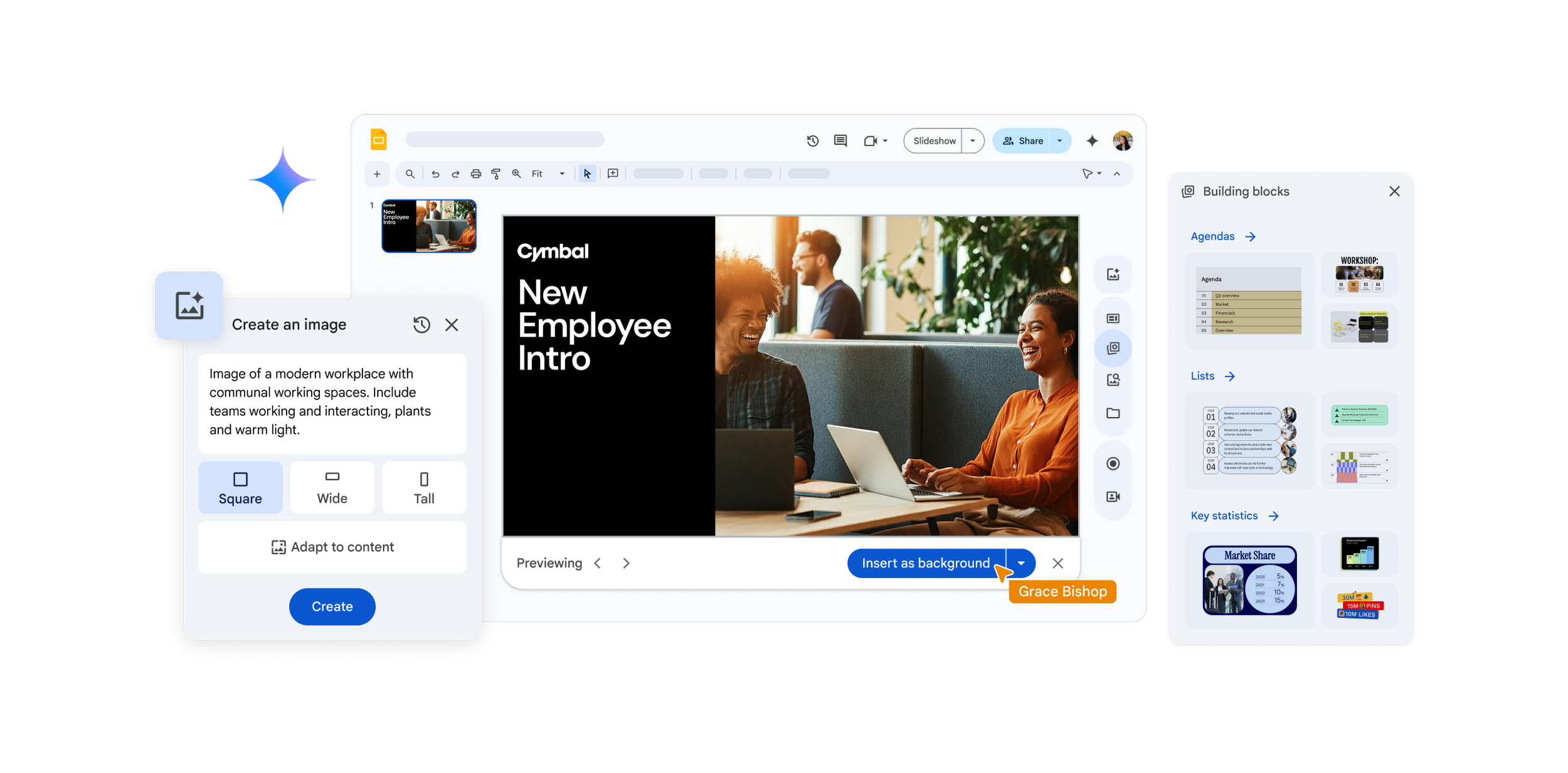 Интерфейс Google Slides с лентой слайдов, рабочим холстом и боковой панелью