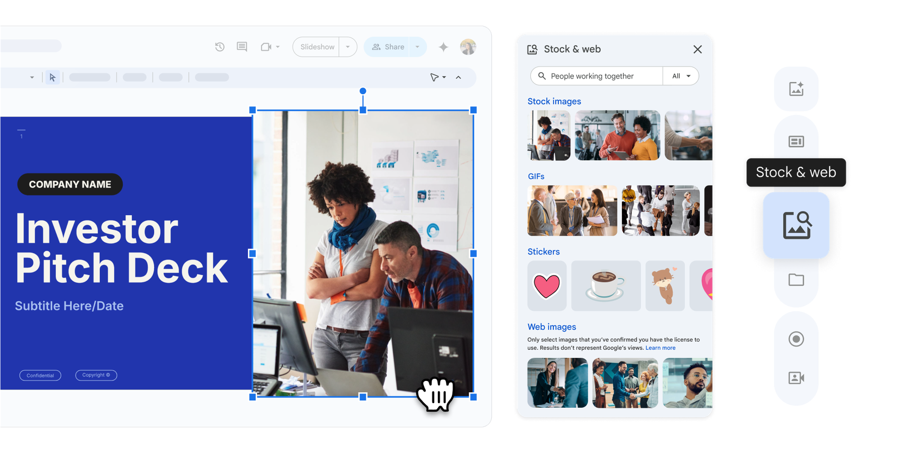 Панель Stock and web с изображениями в Google Slides