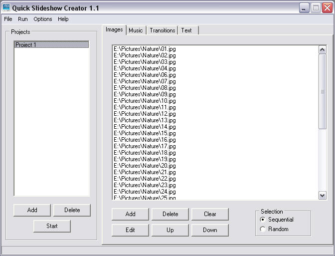 Главное окно Quick Slideshow Creator 1.1 с проектами и вкладкой Images