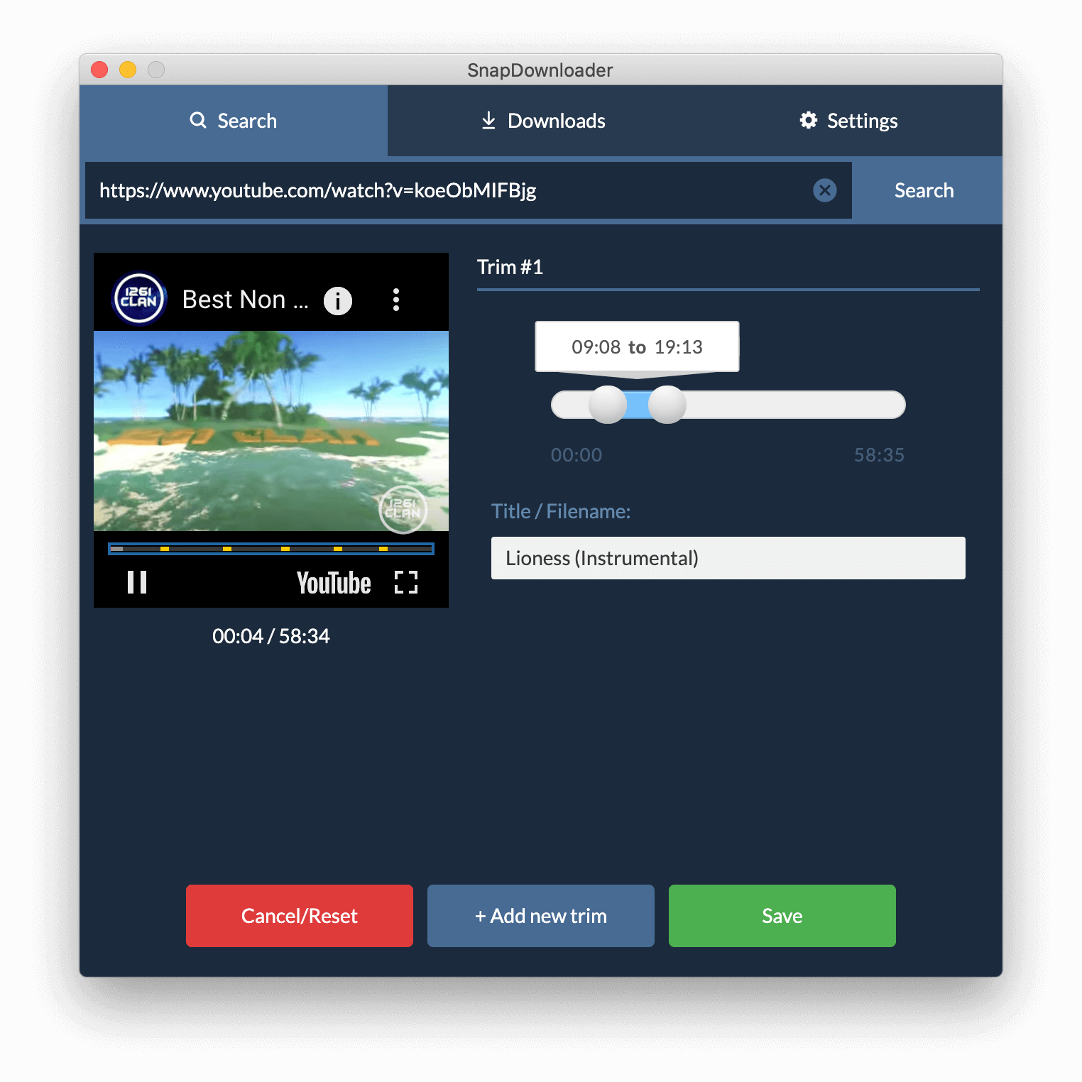 Встроенный триммер SnapDownloader с выбором временного диапазона