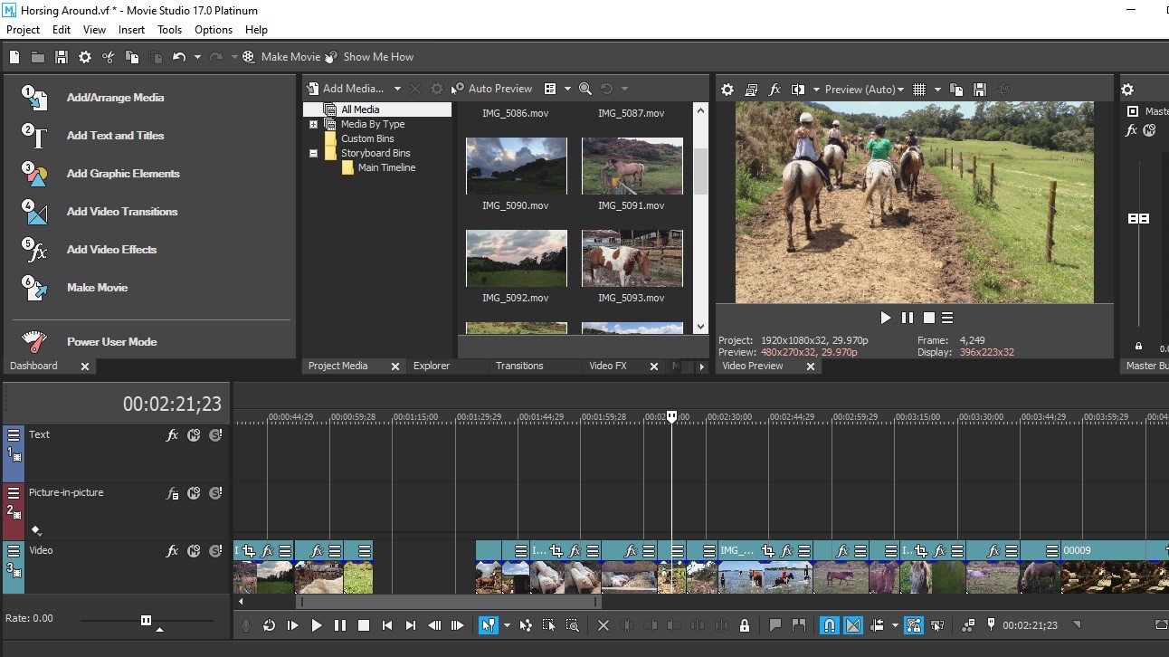 Главное окно VEGAS Movie Studio 17 Platinum: Dashboard, Project Media, Video Preview и монтажная шкала