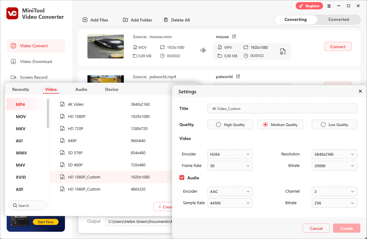 Окно MiniTool Video Converter с настройкой формата MP4 и параметров кодирования