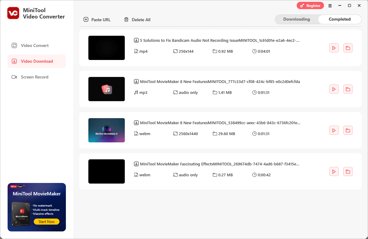 Раздел Video Download в MiniTool Video Converter со списком завершённых загрузок