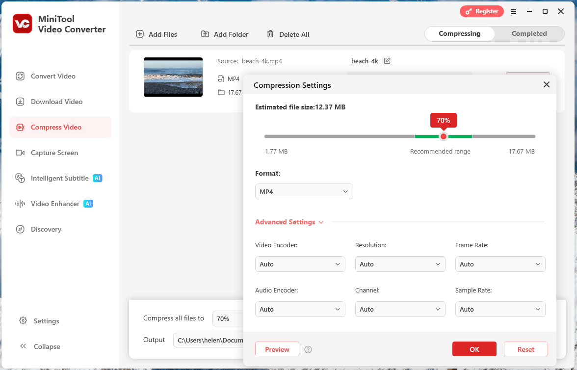 Compression Settings в MiniTool Video Converter с выбором процента сжатия и расширенных параметров