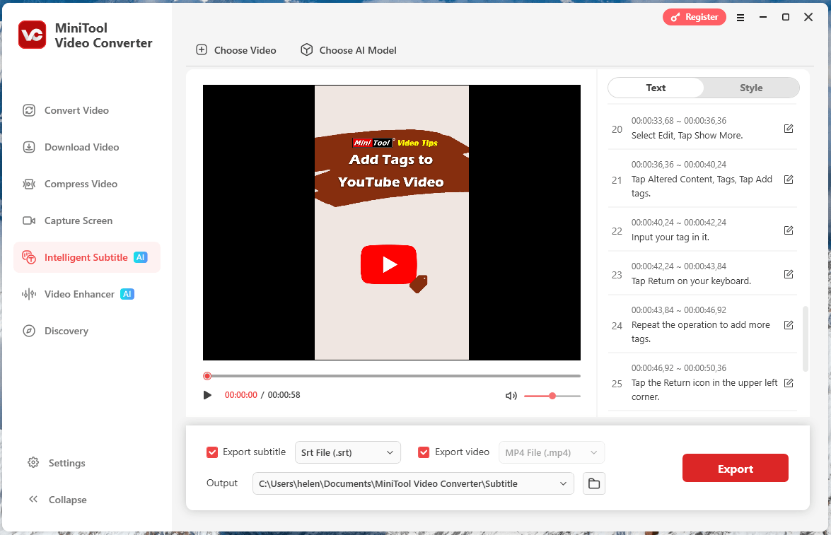 Intelligent Subtitle в MiniTool Video Converter с распознанными репликами и экспортом SRT