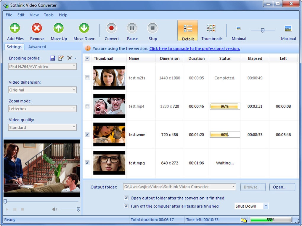 Интерфейс старого Sothink Free Video Converter 3.6 с классической панелью конвертации