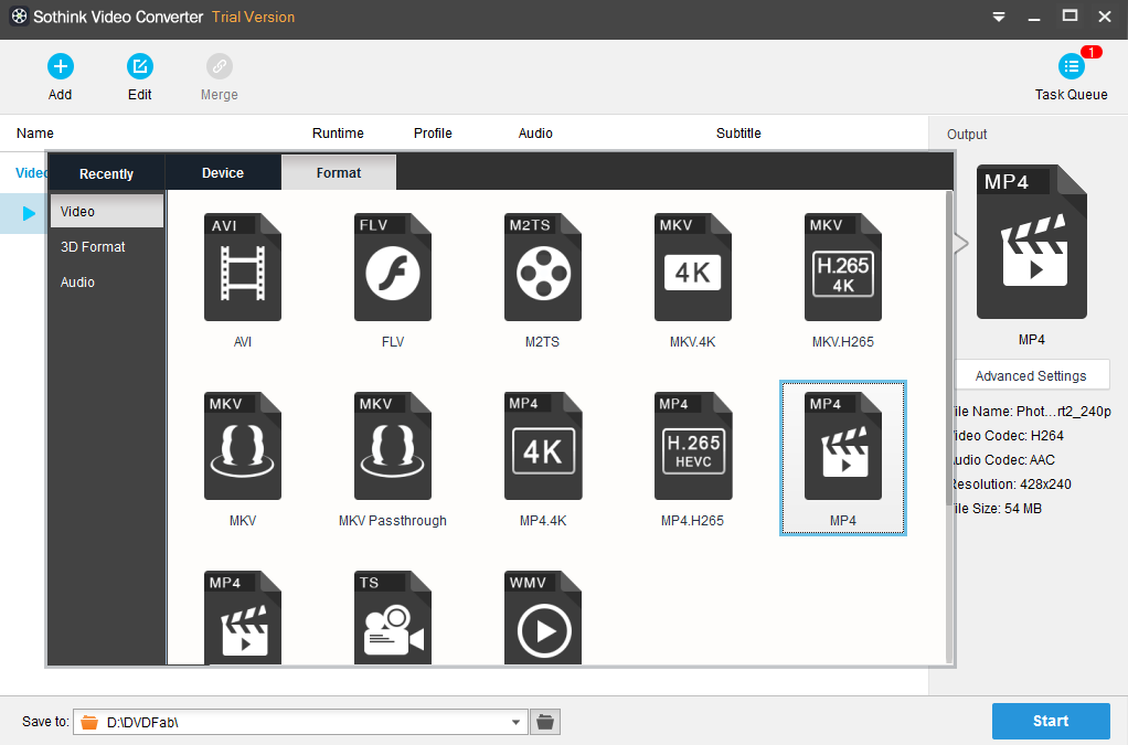 Sothink Video Converter 1.0.0.2: выбор профиля MP4, H.265 и 4K в позднем интерфейсе