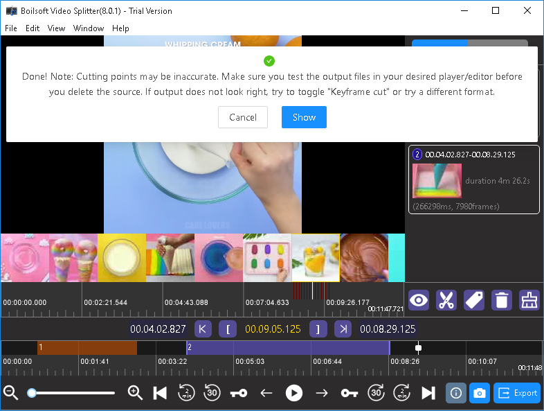 Сообщение Boilsoft Video Splitter после экспорта с предупреждением о возможной неточности точек реза
