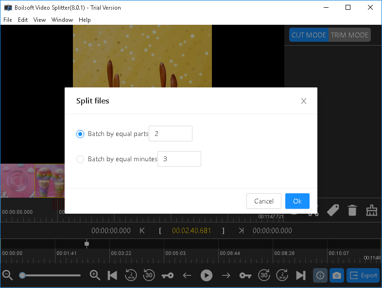Диалог Boilsoft Video Splitter для деления видео на равное число частей или равные интервалы по минутам