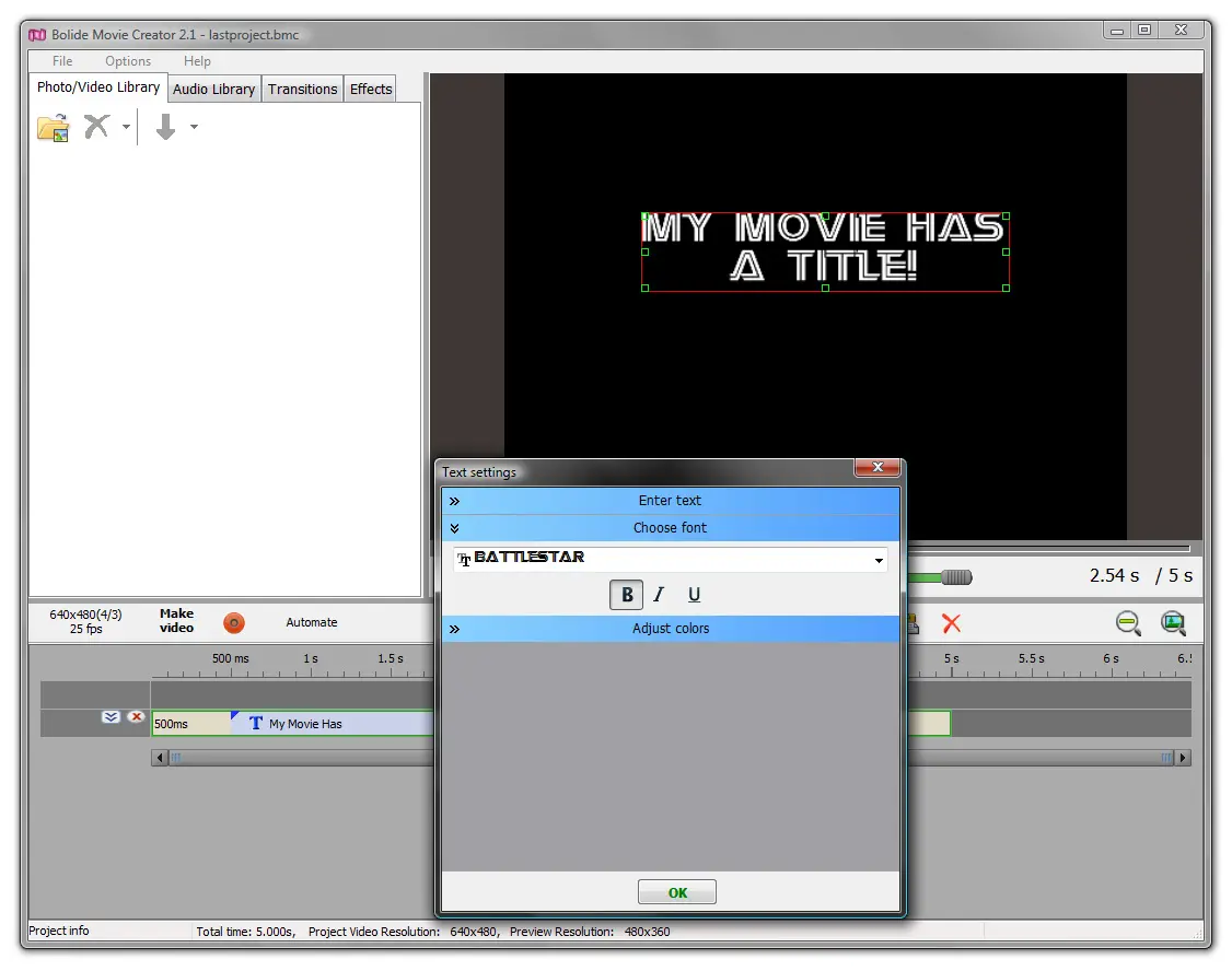 Диалог настройки текста в Bolide Movie Creator