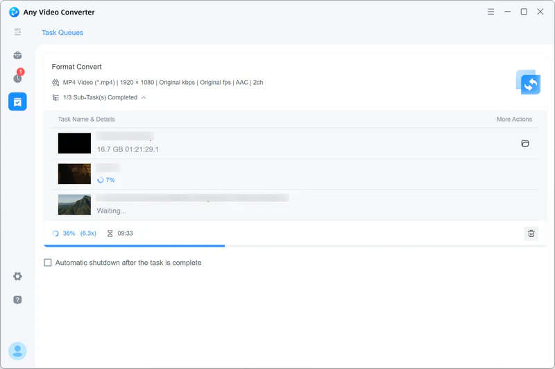 Очередь конвертации Task Queues в Any Video Converter с прогрессом нескольких файлов