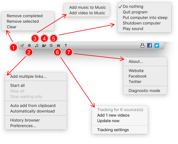 Строка состояния MediaHuman YouTube Downloader и её меню