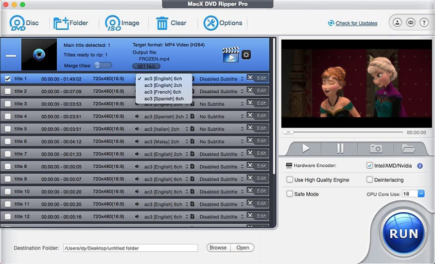 Список титулов DVD, звуковых дорожек и субтитров в MacX DVD Ripper Pro