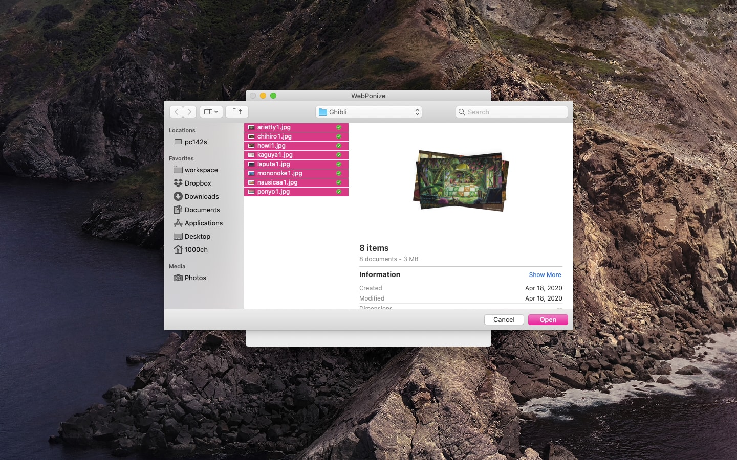 WebPonize с системным окном macOS для выбора исходных изображений
