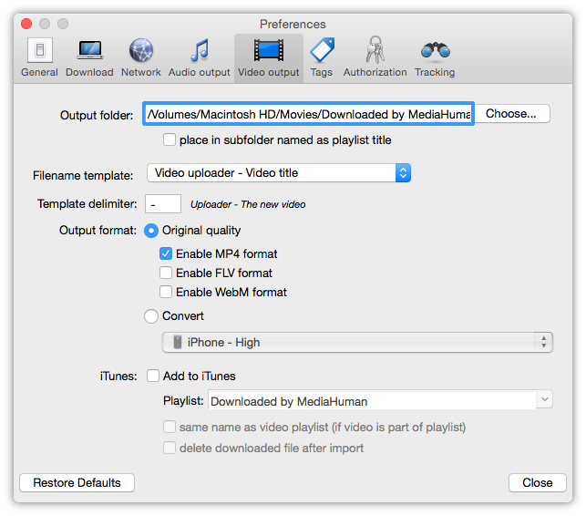 Настройки видеоформата и выходной папки MediaHuman YouTube Downloader