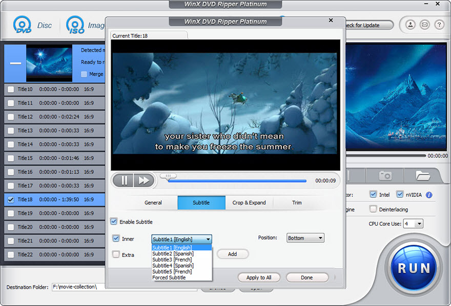 Редактор субтитров WinX DVD Ripper Platinum с выбором внутренней дорожки и добавлением SRT