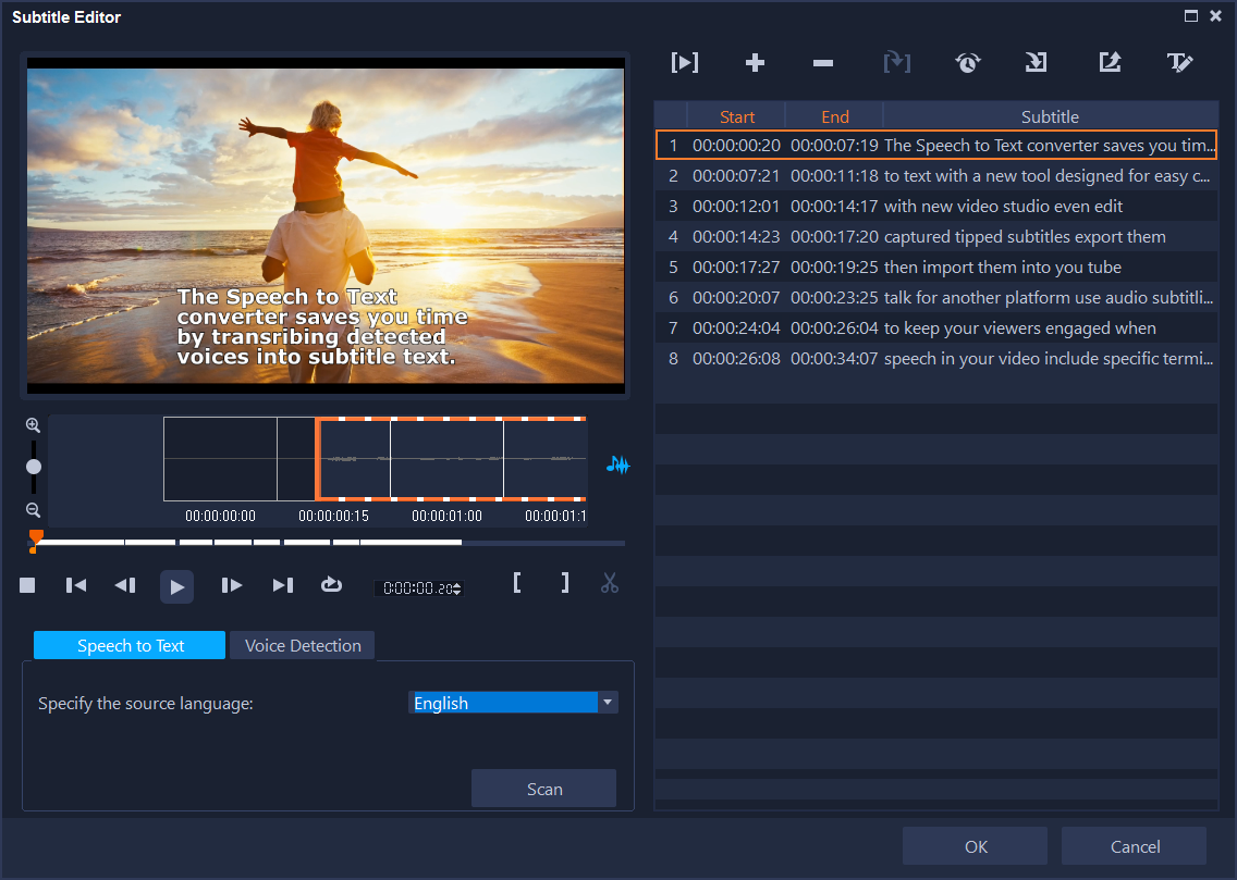 Окно Subtitle Editor в Corel VideoStudio с таблицей реплик, временем начала и окончания и режимом Speech to Text