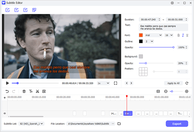 Subtitle Editor Joyoshare VidiKit с видеопросмотром, параметрами текста и таймлайном субтитров