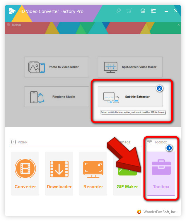 Toolbox WonderFox HD Video Converter Factory Pro с инструментом Subtitle Extractor