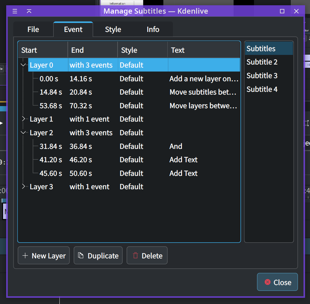 Окно Manage Subtitles в Kdenlive со списком файлов, слоёв и событий