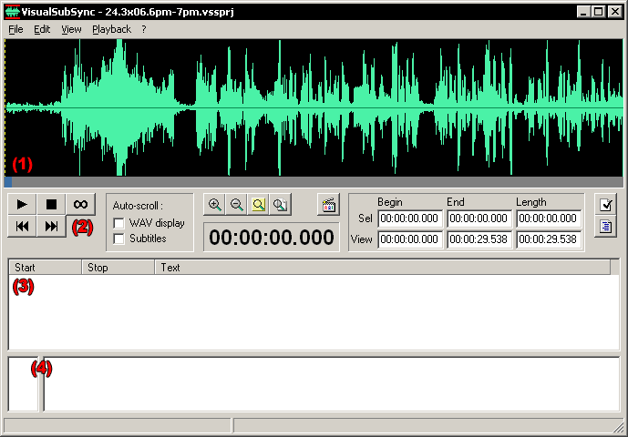 Главное окно VisualSubSync с waveform, панелью воспроизведения, списком субтитров и редактором текста