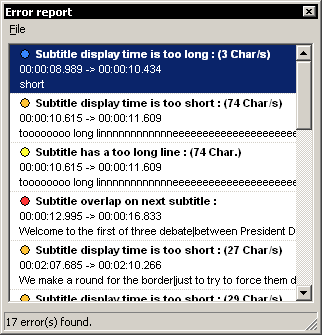 Окно Error report VisualSubSync с ошибками длительности, длины строки и пересечения субтитров