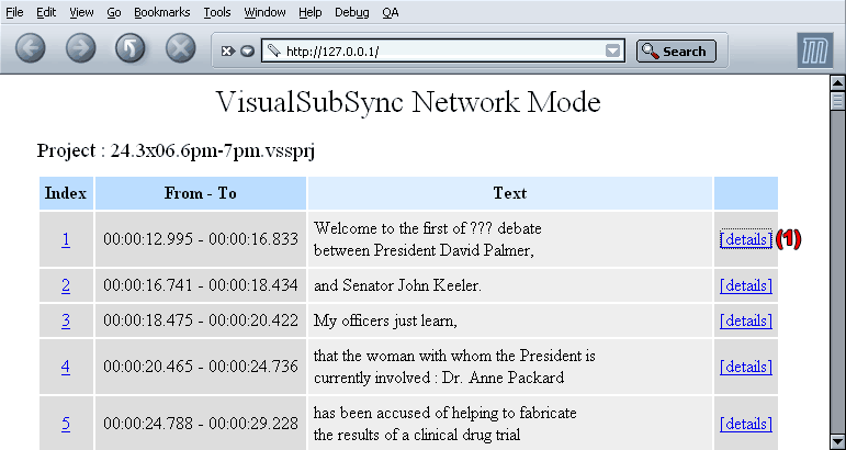 Веб-страница Network Mode VisualSubSync со списком реплик и временными интервалами