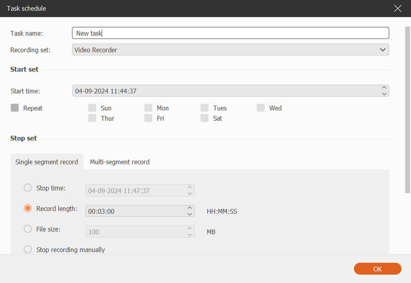 Окно Task Schedule в Aiseesoft Screen Recorder